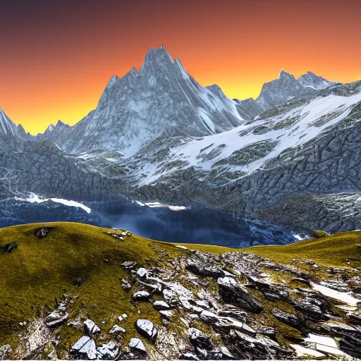 Image similar to beautiful scenery of swiss alps, photorealistic, ultra - detailed, 4 k high resolution, hdr shot, unreal engine rendering 4 k