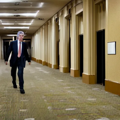 Image similar to Jerome Powell lost in the backrooms, old moist carpet, mono-yellow, fluorescent lights, randomly segmented rooms, eerie