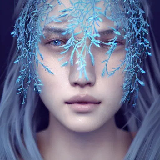 Image similar to intricate highly detailed face portrait of asian - european woman, light blue water vines on her face, intricate, cgsociety, unreal engine, octane render, sharp focus, smooth, volumetric lighting, cinematic composition, artstation