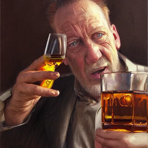 Prompt: barney from barney the dinosaur drinking whisky and smoking a cigar, portrait art by donato giancola and greg rutkowski, realistic face, digital art, trending on artstation