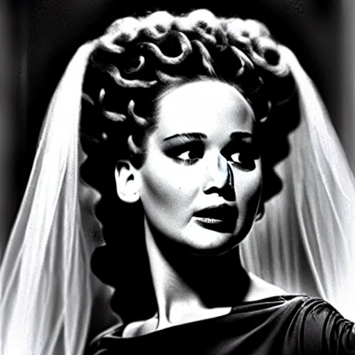 Image similar to jennifer lawrence, still from the movie bride of frankenstein