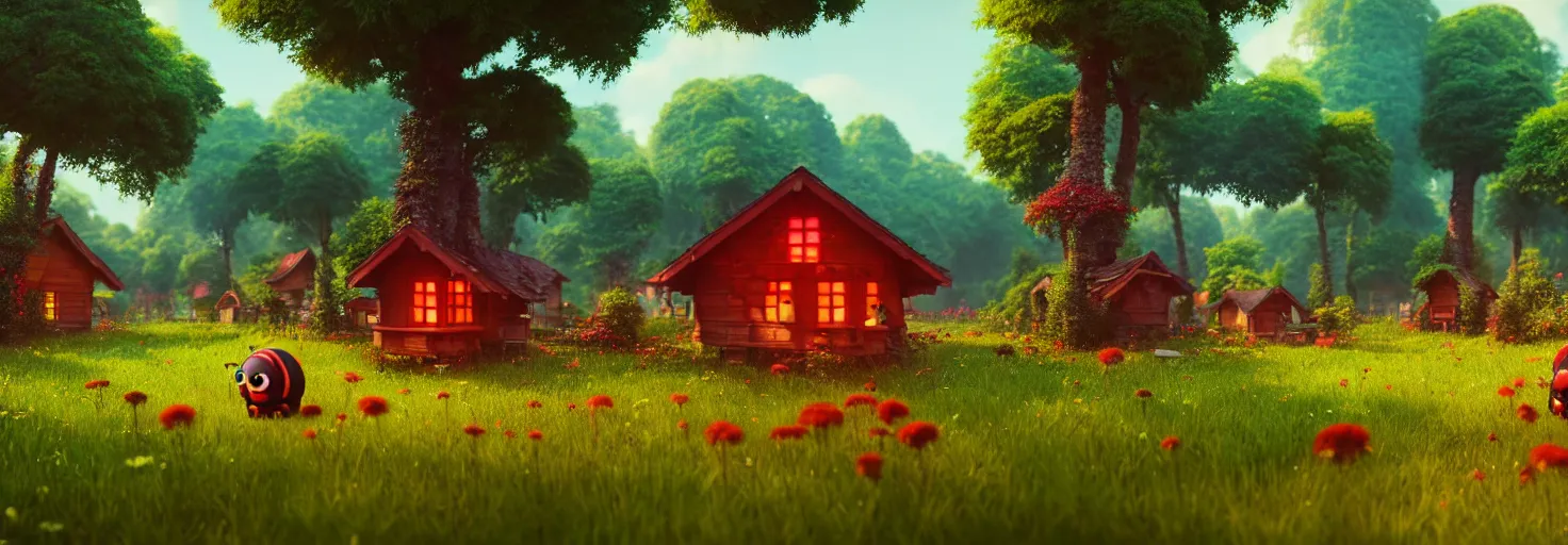 Image similar to stunning glowing dominant large highlighted crimson - black beehive, oversized cute bees in a beautiful forest meadow village landscape, flowers, happy trees, photorealistic, octane render, rtx, hdr, unreal engine, digital art widescreen 8 k, studio ghibli, pixar, disney, wlop