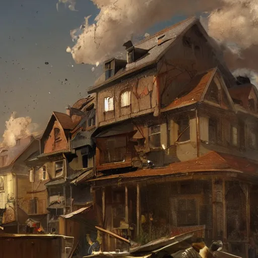 Image similar to a highly detailed oil painting of a giant dog smashing houses, bystanders watching from the sides, 4 k, by greg rutkowski, artstation,