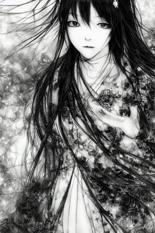 Image similar to a portrait of a character in a scenic environment by Yoshitaka Amano, black and white, dreamy, dark eyes, wavy long black hair, highly detailed