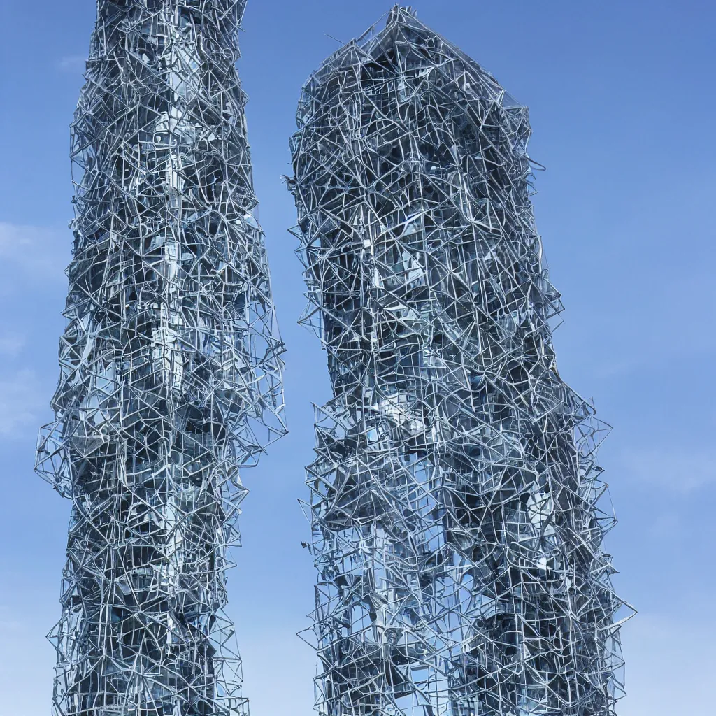 Prompt: Babel Tower, industrial, robotic, futuristic, glass and steel