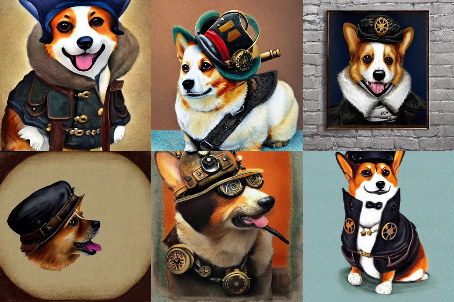 Prompt: a steampunk painting of a corgi with a bomber hat