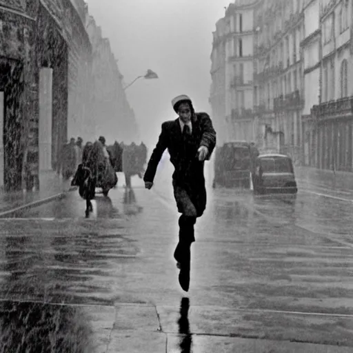 Image similar to the man leaping in a raining paris street, by henri cartier bresson,