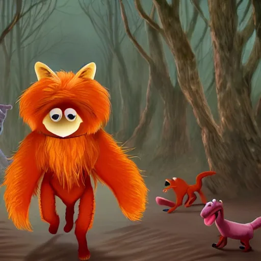 Prompt: a large fox muppet wearing a hooded cloak herding a bunch of random muppet animals following behind through a dark forest, sesame street, photograph, photography, ultrarealistic, national geographic