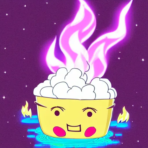 Image similar to kawaii wacky fluffy popcorn with lightning bolt power, yokai, in the style of a manga character, with a smiling face and flames for hair, sitting on a lotus flower, white background, simple, clean composition, symmetrical