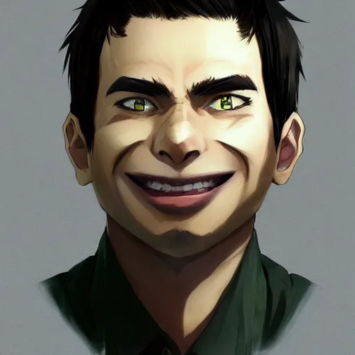 Image similar to An anime portrait of a smiling man with very short smooth black hair, brownish-green eyes, stubble, wearing a shirt, medium shot, whole head, by Stanley Artgerm Lau, WLOP, Rossdraws, James Jean, Andrei Riabovitchev, Marc Simonetti, and Sakimi chan, trending on artstation