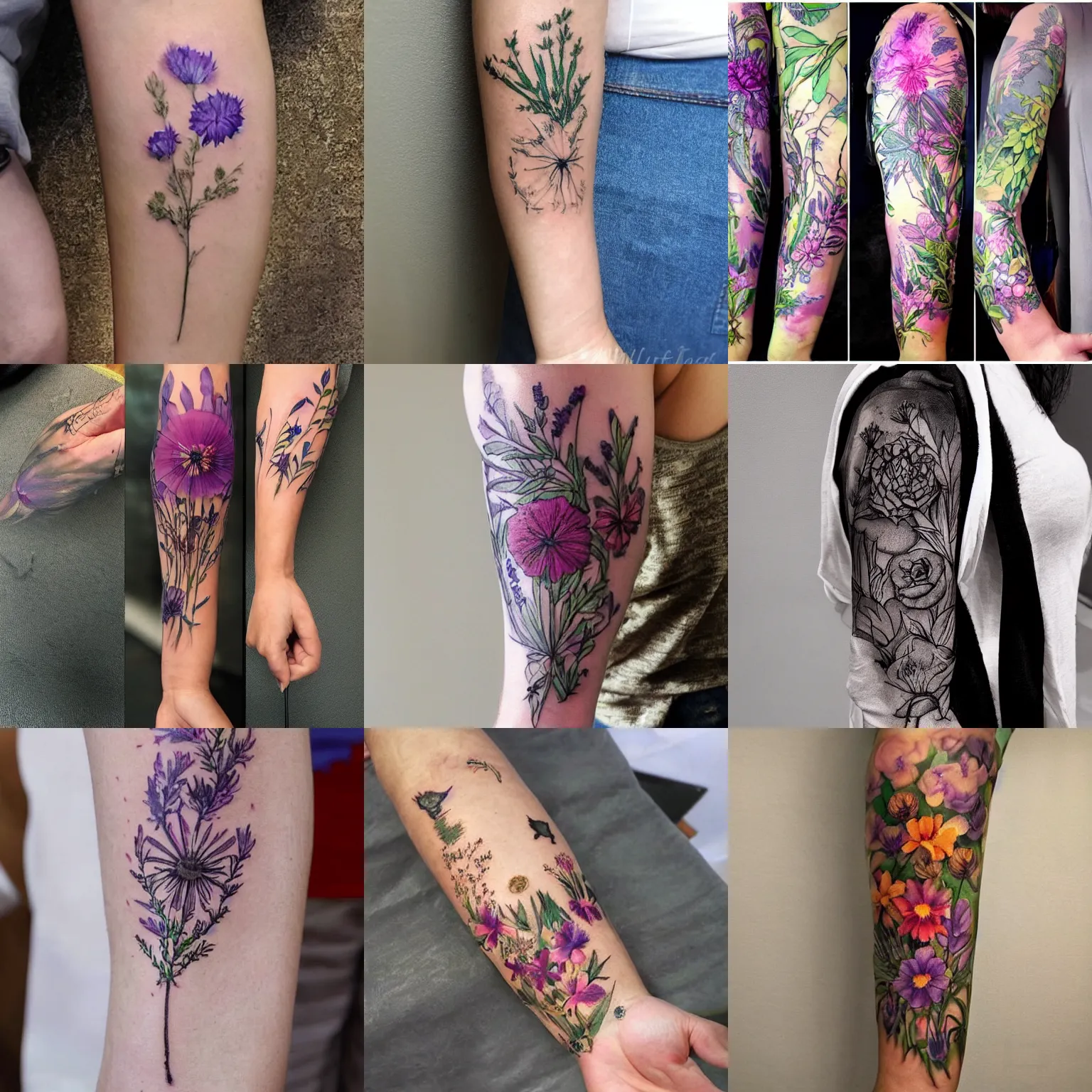 Prompt: botanical tattoo covering a person's forearm including flowers of lavender, verbena, hibiscus, and dandelion intertwining, tattoo design, inking on skin, sleeve tattoo