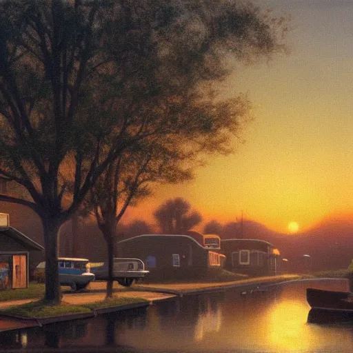 Image similar to a detailed cinematic render of a utopian 1 9 5 0 s american neighborhood at sunset by steven outram, photoreal