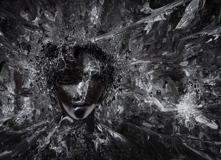 Prompt: complex dark quaternion nonregular nonconvex fractal full of human head within drops flowing from it down, dark city burning background, hyperdetailed, hyperrealism, atmospheric