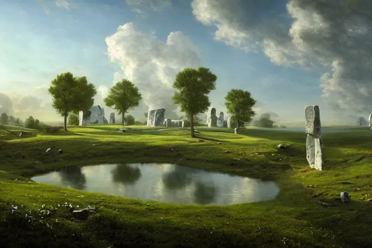 Prompt: White monolithic henge surging with magic at the bottom of green hills surrounded by a moat, clear blue skies in the background, by Thomas Kincade, Richard Sigamani, 8k photorealistic, cinematic lighting, HD, high details, dramatic, trending on artstation