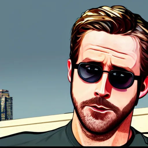 Prompt: gta v portrait art by stephen bliss of ryan gosling wearing aviator sunglasses, talking on his phone