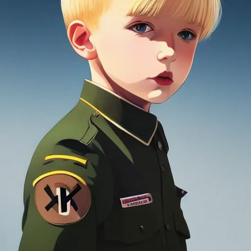 Image similar to portrait of blonde little boy wearing nazi uniform by ilya kuvshinov and anna dittmann and studio ghibli and wlop and rossdraws, digital art, trending on artstation, anime arts, featured on pixiv, red lighting, hd, 8 k, highly detailed, good lighting, beautiful, epic, masterpiece, nazi chiq