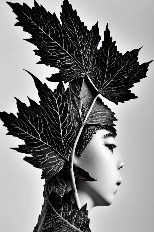 Image similar to monochrome close - up profile face black background beautiful young porcelain vegetal, dragon, cyborg, female 1 5 0 mm beautiful leaves, hyperdetailed, intricate, 8 k, low key