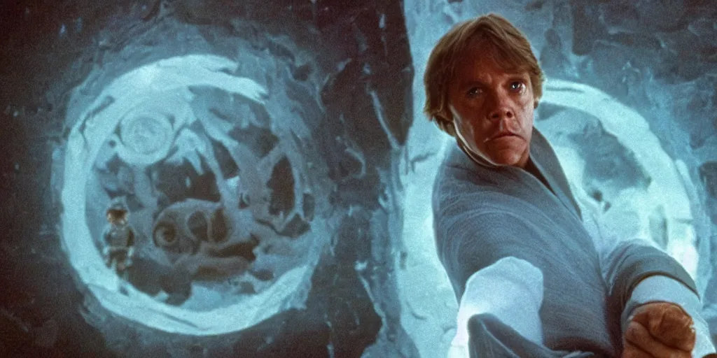 Prompt: screenshot portrait of Luke Skywalker, on a planet of maelstrom, chaos, the world without form and void, 1970s film by Stanley Kubrick, iconic scene, HR Geiger design, stunning cinematography, hyper-detailed, sharp, anamorphic lenses, kodak color, 4k, stunning