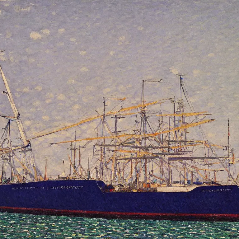 Image similar to a master gouache painting of a big ship docked at the harbor, central composition, shape obvious, sharp focus, very detaied, by gustave caillebottet