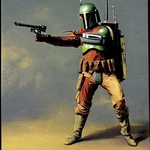 Prompt: Boba Fett in an action pose. Painted by Goya.