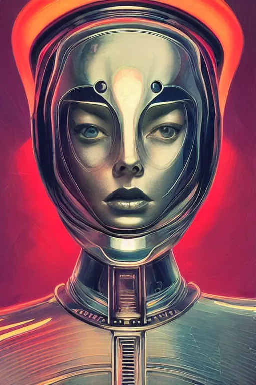 Prompt: retro-futuristic portrait of a beautiful female android in old scratchy chrome armour, wired head, blind eyes, white liquid dripping on it, ornate background, rim light, ornate pattern, glowing eyes, evil expression, high details, intricate details, renaissance painting by vincent di fate, artgerm julie bell beeple, 80s, Smooth gradients, High contrast, depth of field, very coherent symmetrical artwork