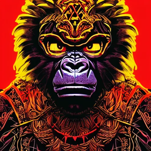 Image similar to barong family member, wiwek, mara demon, one single tribe member, jungle, one single mask, dark, ancient warrior, gorilla, lizard, tribal, inner glow, art by dan mumford and justin gerard and andy warhol