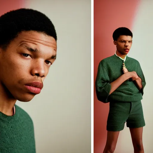 Image similar to realistic photoshooting for a new gucci lookbook, color film photography, photo in style of tyler mitchell, 3 5 mm,