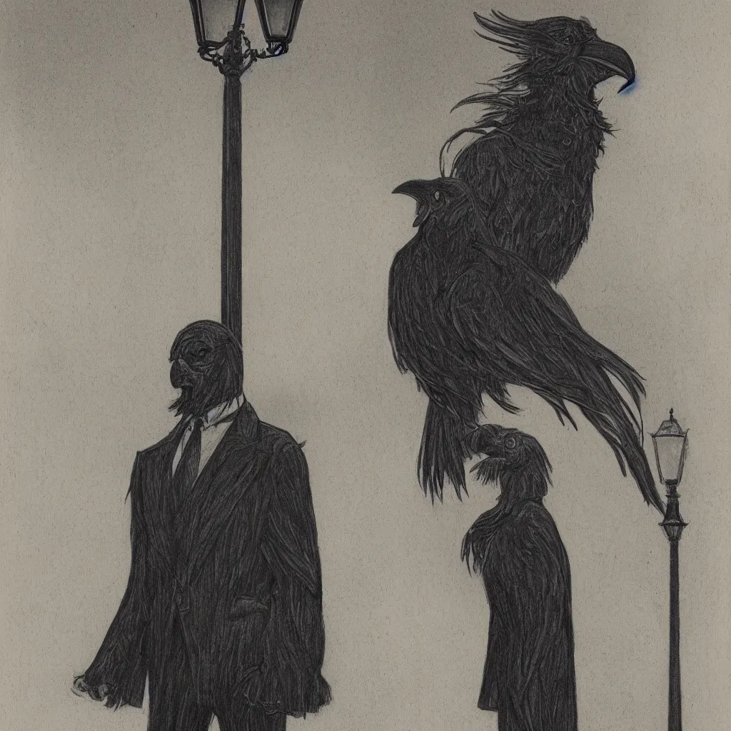 Image similar to a highly detailed portrait of a man wearing a suit and a raven mask standing in the middle of a street illuminated by a lone street lamp, by gerald brom, cinematic lighting, detailed drawing