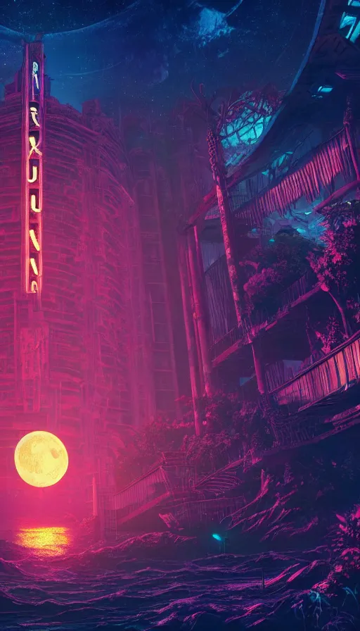 Image similar to reclaimed by nature by moon hoon, darkacademia atlantis cosmic san andreas at dawn neon signs tokyo synthwave universe, archdaily, wallpaper, highly detailed, trending on artstation.