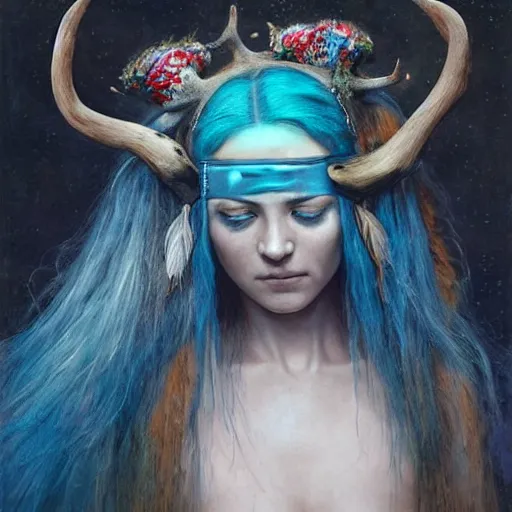 Image similar to A young female shaman blindfolded with a decorated headband, blue hair and antlers on her head, made by Esao Andrews and Karol Bak and Zdzislaw Beksinski