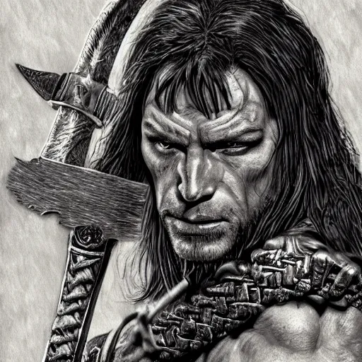 Image similar to Portrait of Conan the Cimmerian , loincloth, chainmail, axe, male, fantasy, extremely detailed, mixed media and fineliner illustration, artstation, fantasy art, smooth, sharp focus, RPG action portrait, dazzling lighting, art by Carl Critchlow, Simon Bisley and Bill Sienkiewicz , hyperrealistic character close-up, dark fantasy, foreboding atmosphere, golden ratio, hyperdetailed, highest resolution, laboriously detailed and complicated, artstation, Jia Ruan, 8k