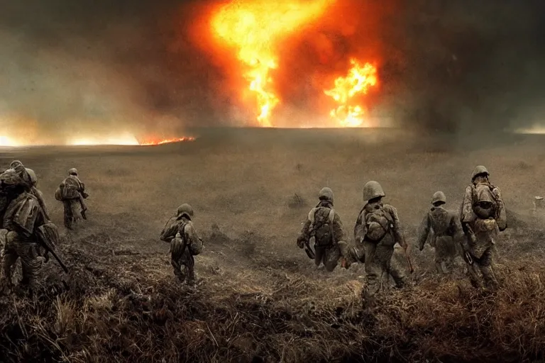 Image similar to desolate battleground, multiple soldiers on the ground!, thick dark smoke!, vehicles on fire, heavy rain from thick clouds, storm, (mushroom cloud) in the background, bleak, melancholy atmosphere, band of brothers, 4k artwork by Gregory Crewdson and Grzegorz Domaradzki and Ivan Shishkin and Jakub Rozalski