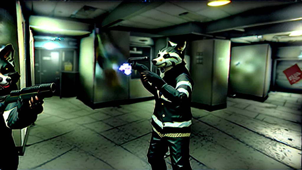 Image similar to screenshot from the pc game payday 2 demonstrating the fursuit unlock - hoxton? more like foxton.