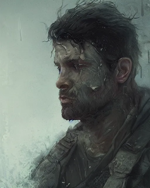 Image similar to battle hardened, charismatic, ruggedfallout 5 male character, face centered portrait, confident, ruined cityscape, fog, rain, volumetric lighting, illustration, perfectly shaded, soft painting, art by leesha hannigan, ross tran, thierry doizon, kai carpenter, ignacio fernandez rios