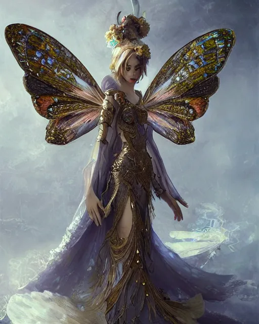 Image similar to Moth Fairy Maiden with large moth like wings wearing ornate dress by Ruan Jia and Andrei Riabovitchev, featured on Artstation, Hyperdetailed, stylized, realistic oil on linen, masterpiece, fantasycore, dark Academia