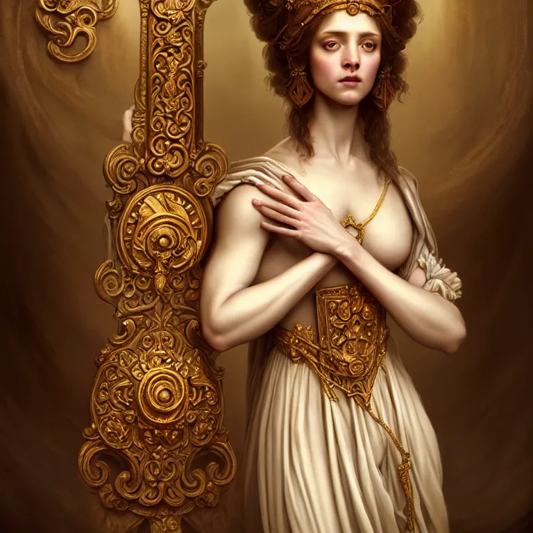 Image similar to renaissance style a wonderful female goddess with a wonderful face and realistic arms and hands and realistic 5 fingers and realistic body with long intricate hair with a beautiful porcelain symmetrical body dressed with a majestic warp ornate cream long cotton dress, hightly ornate, intricate, detailed, dramatic light, cinematic, award winning, octane render, tom bagshaw style