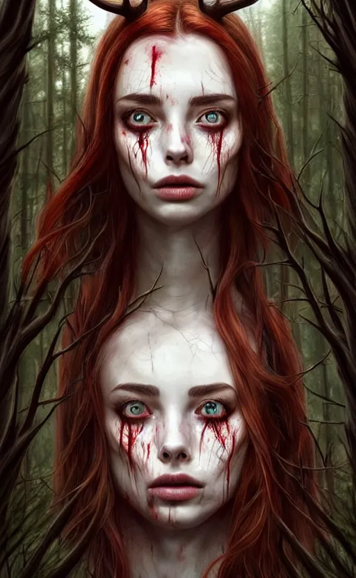 Image similar to surrounded by trees, realistic character concept, gorgeous Kacey Rohl, red hair, small freckles, Wendigo creature antlers deer skull face, symmetrical face, symmetrical eyes, full body, covered in blood, dark forest, trees, shorter neck, cinematic lighting, Joshua Middleton and artgerm, fear anxiety terror