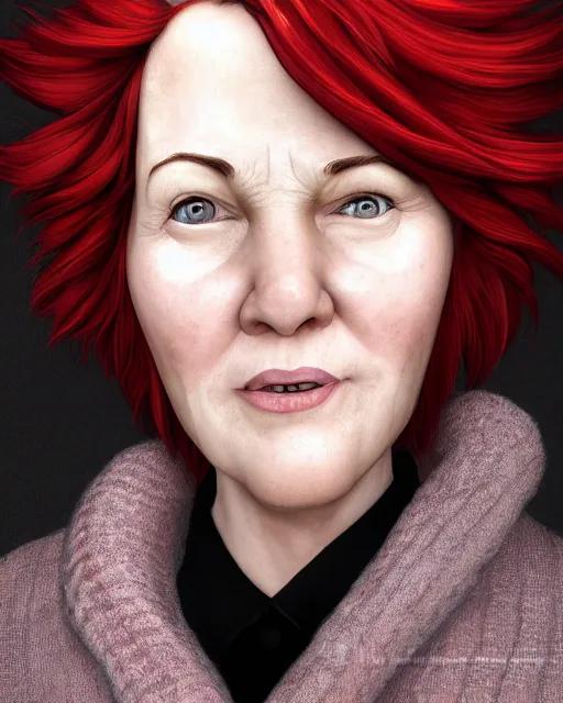 Prompt: portrait of happy short and plump 5 0 - year - old woman with red hair and, kind face, round face, short hair, wearing in cardigan, hyper realistic face, beautiful eyes, character art, art by mark brooks, hyperdetailed, cryengine, trending on artstation, digital art