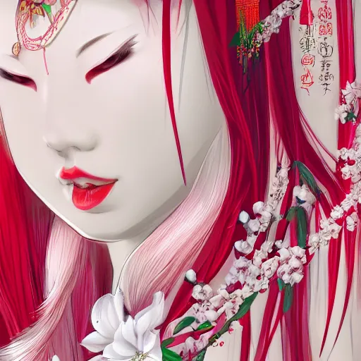 Image similar to albino maiko long hair, jewelry, sakura flower, red and white neon, concept art, intricate details, highly professionally detailed, cgsociety, highly detailed -