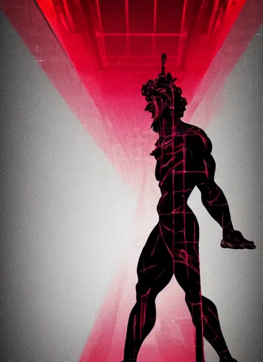 Prompt: dark design poster showing a heroic greco roman statue, black background with very subtle red and purple design elements, powerful, nekro, vito acconci, thin straight lines, dark, glitch art, neo vaporwave, gritty, layout frame, square, trending on artstation