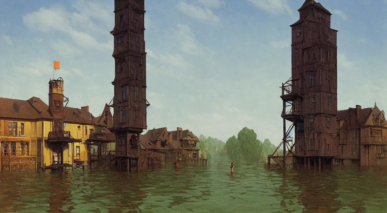 Image similar to single flooded simple victorian wooden tower, very coherent and colorful high contrast!! masterpiece by rene magritte simon stalenhag carl spitzweg syd mead norman rockwell edward hopper james gilleard, minimalist, dark shadows, sunny day, hard lighting