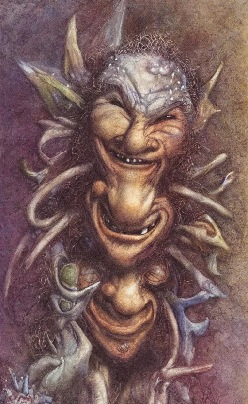 Image similar to mischievous troll man, by brian froud, stars, muted colors, oil on canvas, oil panting