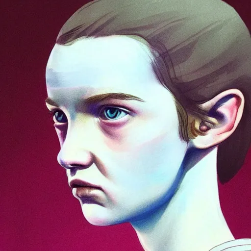 Prompt: beautiful side portrait of Eleven from Stranger things by ((((martine johanna)))), artstation winner,figurativism!!!, portrait,