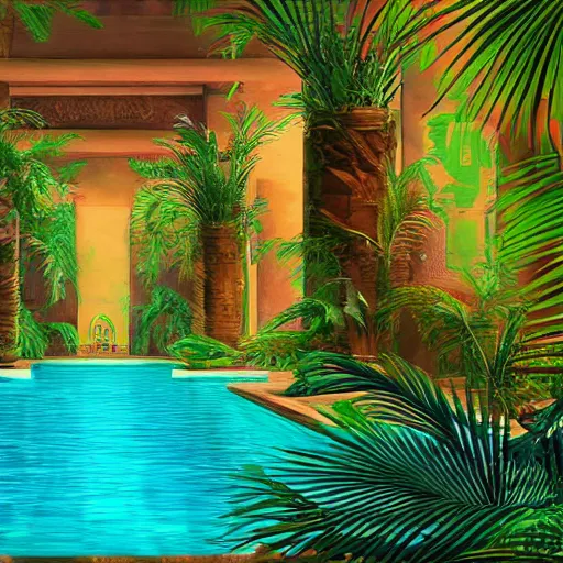 Prompt: a pool in a ancient egyptian interior full of plant and palms,retrowave art,digital art