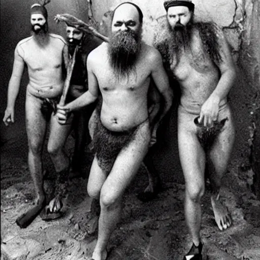 Image similar to secret photos of a cult hidden underground in brisbane. everyone must not wear pants, only shirts, all their hair is shaved off but beards are aloud. you must carry a large vegetable at all times. very creepy photos of this strange cult in the year 1 9 9 7