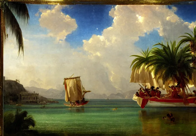 Prompt: Palace floating in the sky, caravels, thunderstorm, greek pool, beach and palm trees on the background major arcana sky, by paul delaroche, hyperrealistic 4k uhd, award-winning, very very very detailed