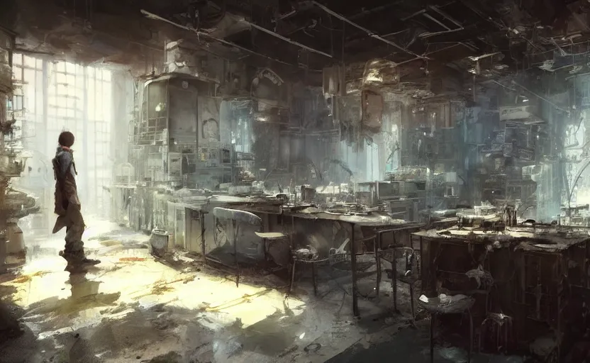 Image similar to a messy chemical lab interior, scifi, post apocalyptic, painting by Craig Mullins, octane rendering, soft morning lighting, wide angle lens, low view, in the style of Hayao Miyazaki, trending on artstation,