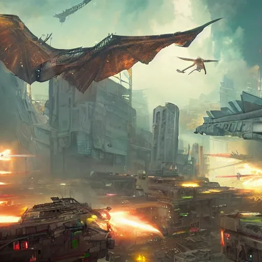 Image similar to a pterodactyl flying over a destroyed cyberpunk city shooting lasers from guns strapped to its wings fantasy, by greg rutkowski