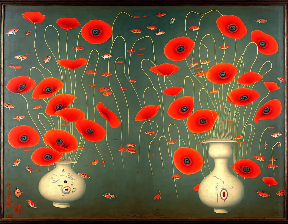 Prompt: vase of poppy with eyes in the cloudy sky decorated with a dense field of stylized scrolls that have opaque red outlines, with mutant koi fishes with 4 eyes and 2 heads and sponges, ambrosius benson, oil on canvas, hyperrealism, light color, no hard shadow, around the edges there are no objects