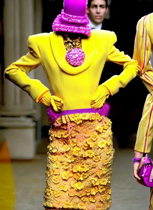 Image similar to Bespoke couture outfit made of yellows, pinks, purple and gold by Vivian Westwood and Marc Jacobs as seen in the movie the Royal Tenenbaums + vintage Chanel in a futuristic vibe